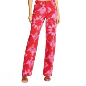 I.AM.GIA Pants Women XXS Red Pink Tie Dye‎ Floral High Rise Denim Straight Leg